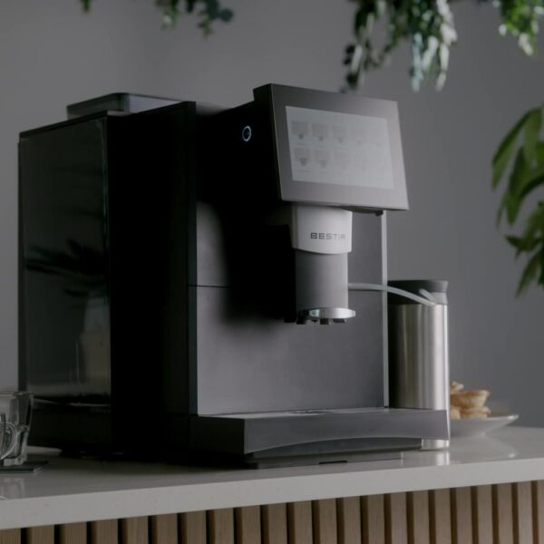 Close-up of the Bestir BM80 coffee machine touchscreen displaying its full drinks menu.