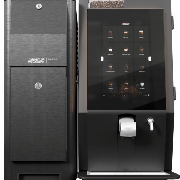 Bravilor bean-to-cup coffee machine dispensing fresh coffee in a modern office environment.