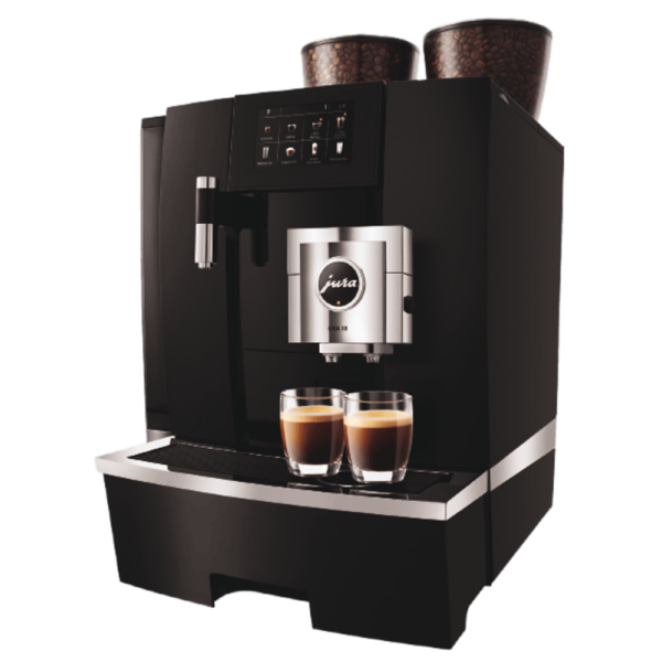 Jura bean-to-cup coffee machine brewing fresh espresso in a modern office.