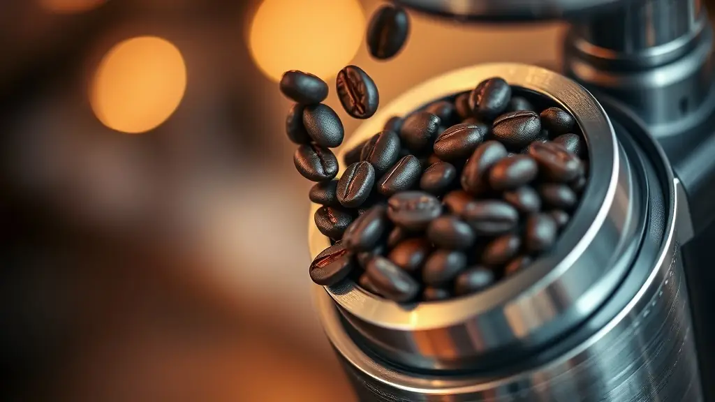 Fresh coffee beans falling into a commercial coffee machine grinder